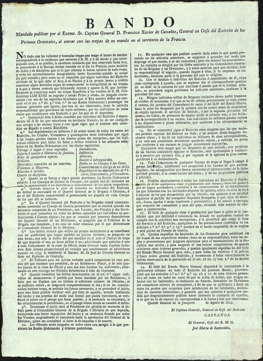 Figura 3. Oficios, instrucciones y bandos referentes a la entrada en Francia del Ejército de los Pirineos Orientales al mando de Francisco Javier Castaños. (Archivo Histórico Nacional).