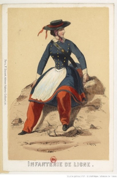 Figura 6. Traje de cantinera francesa de Infantería de Línea 1856 (fuente: Source gallica.bnf.fr/Bibliothèque nationale de France [Costumes militaries français, 1856-1860: Trompettes, musiciens, vivandières])