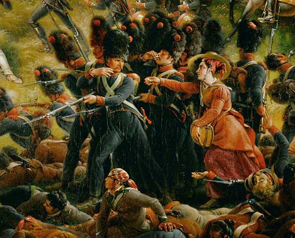 Figura 7. Vivandière Catherine Balland del 95.º regimiento de infantería de línea, fue inmortalizada por el pintor francés Louis-François Lejeune (1775-1848) en el cuadro de la Batalla de Chiclana (Cádiz, 5 de marzo de 1811) y en 1813 fue condecorada con la Legión de Honor.